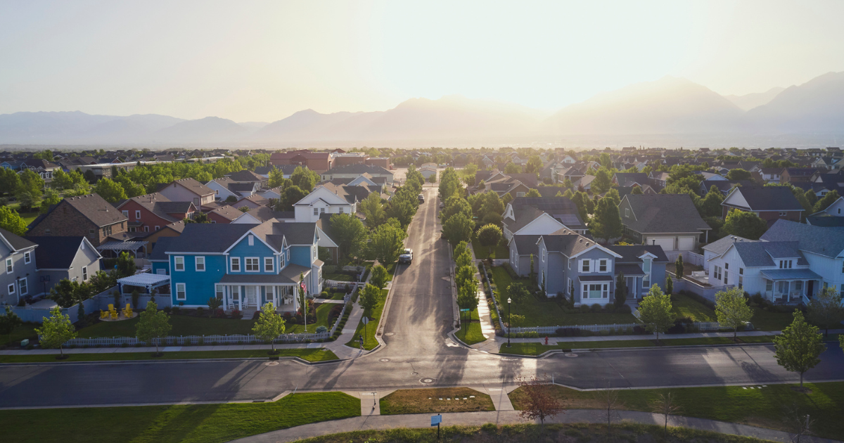 An aerial view of a residential Utah USA community in the morning.