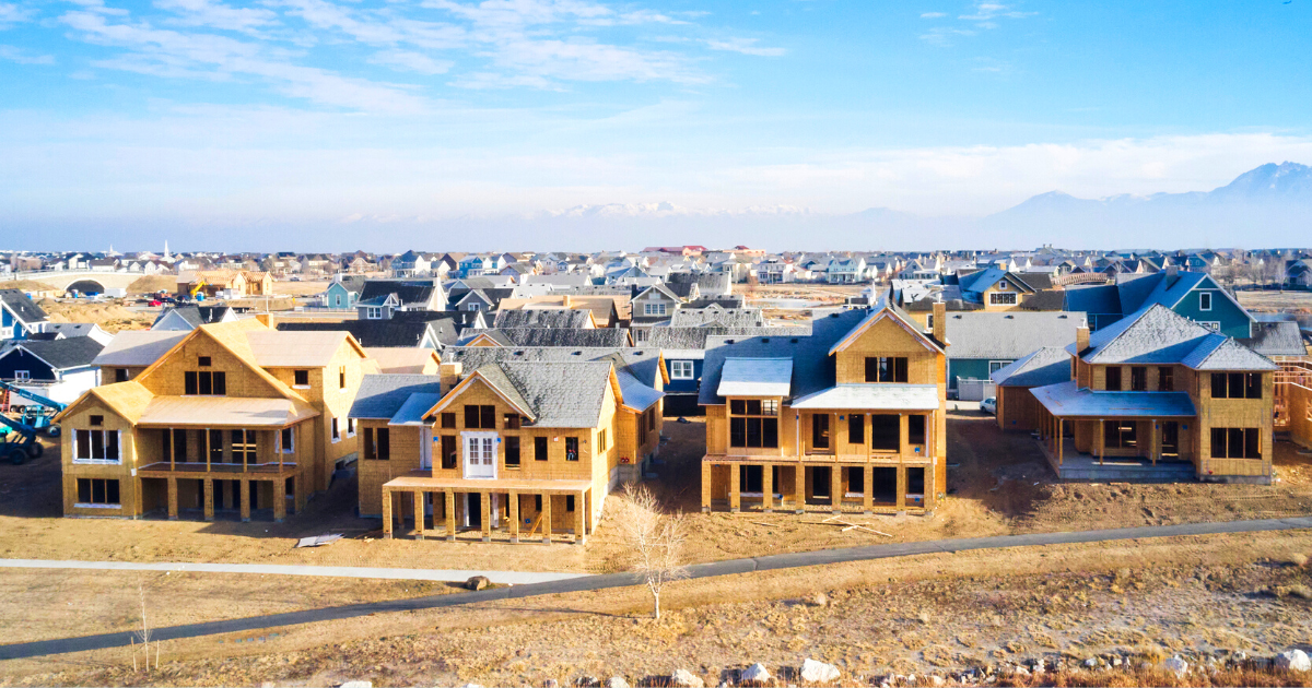 An aerial view of new homes under construction