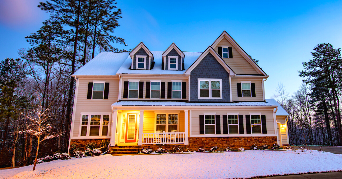 Beautiful American luxury home on a snowy morning