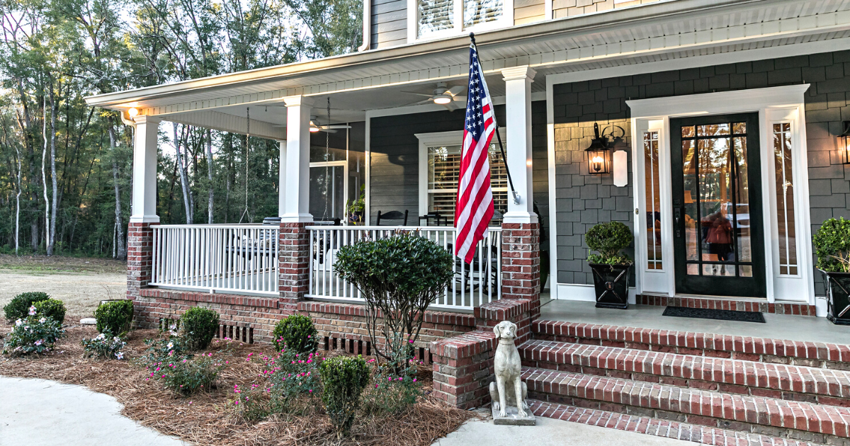 Suburban home with an American flag on display