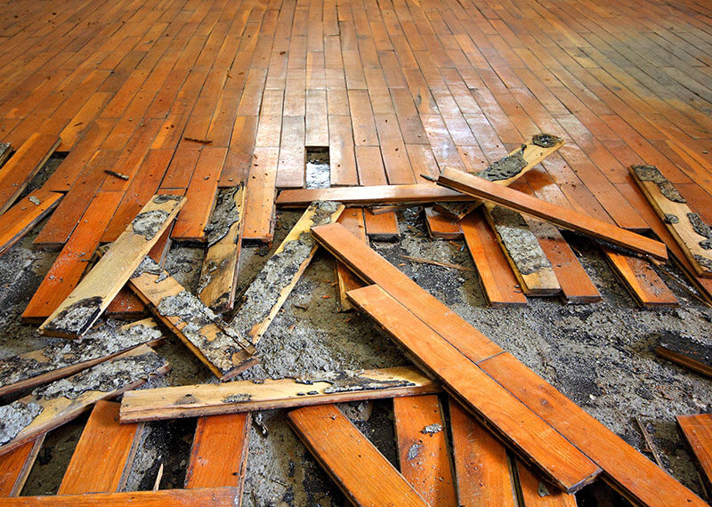 A wood floor broken up into pieces showing a gray floor underneath