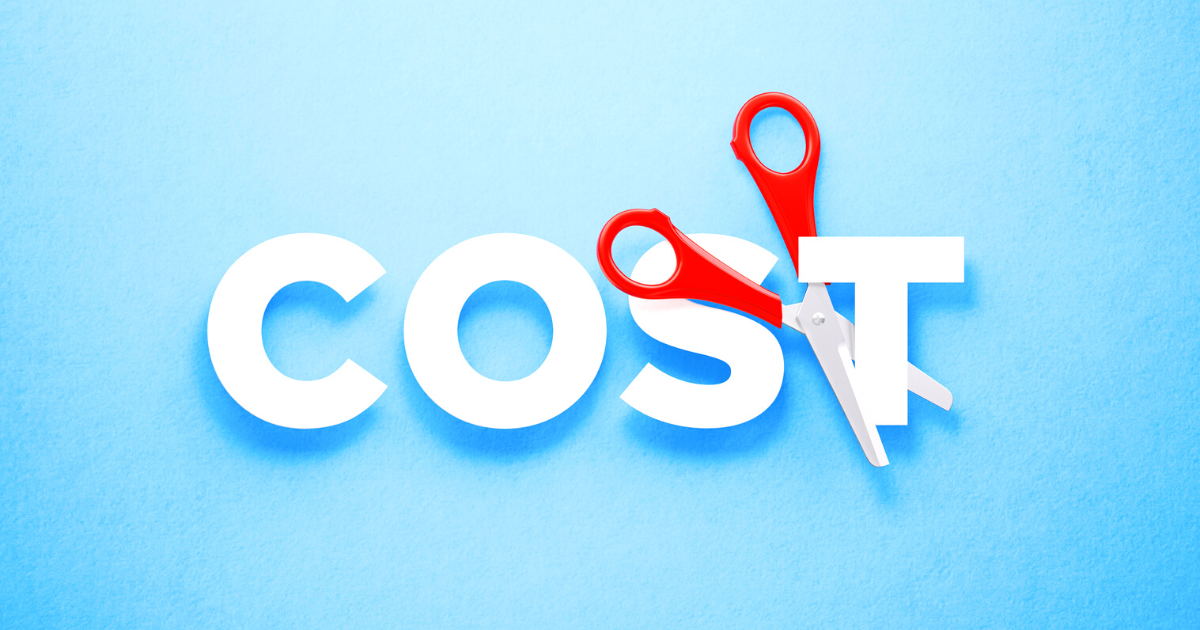 Scissors Cutting The Word Cost Over Blue Background