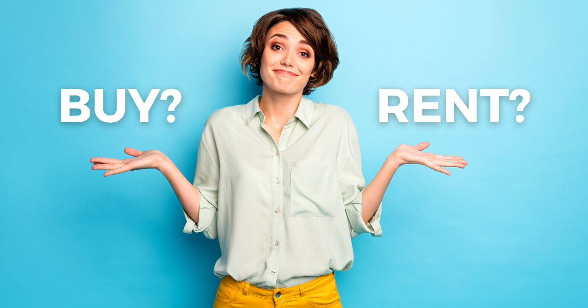 young woman against blue color background deciding between buy or rent